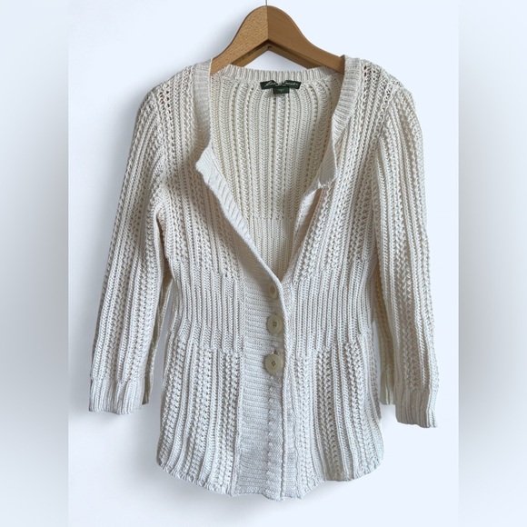 Vintage Y2K Eddie Bauer Womens Cream Knit Cottagecore Cabincore Cardigan Medium - Picture 3 of 13